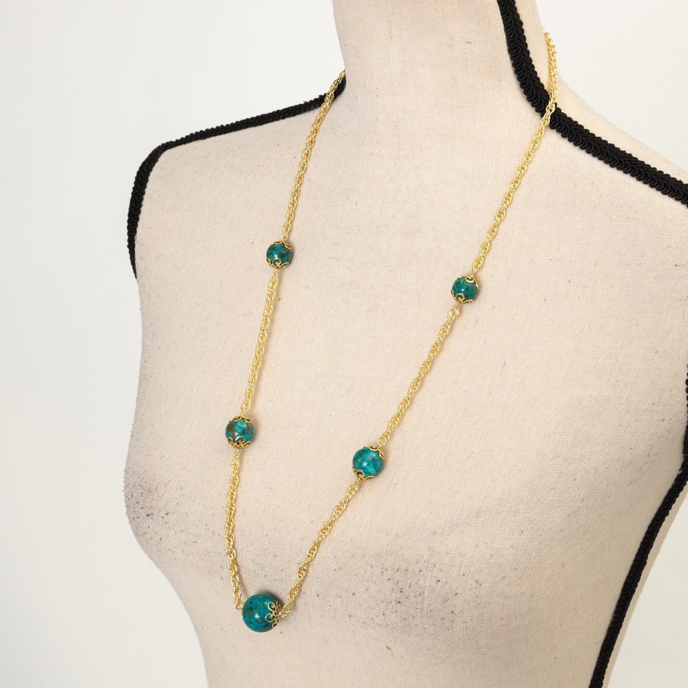 JTV gold tone longer style necklace with turquoise balls approx 29.5” length - Picture 3 of 16